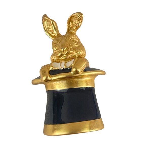 Rabbit In Hat Gold & Black Enamel Brooch Pin Vintage Mid Century Retro - Picture 6 of 7